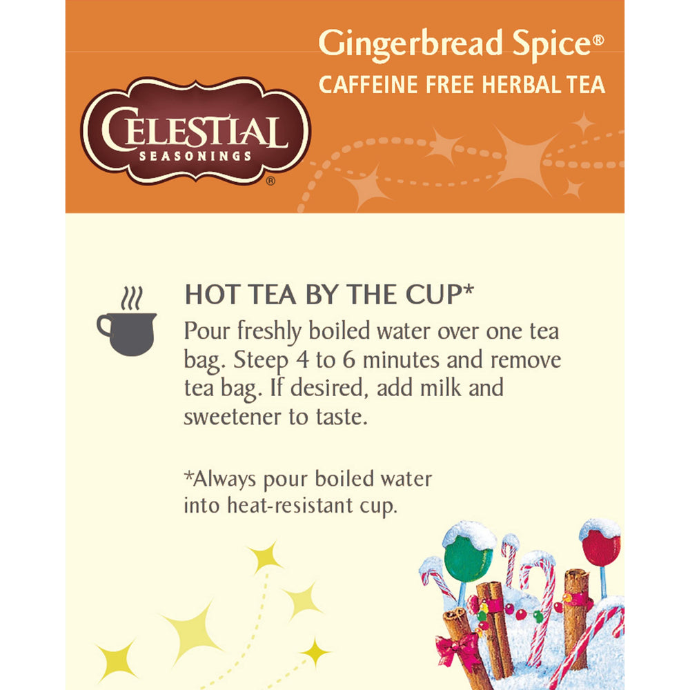 Recycled packaging highlights Celestial Seasonings Gingerbread Spice tea boxes.