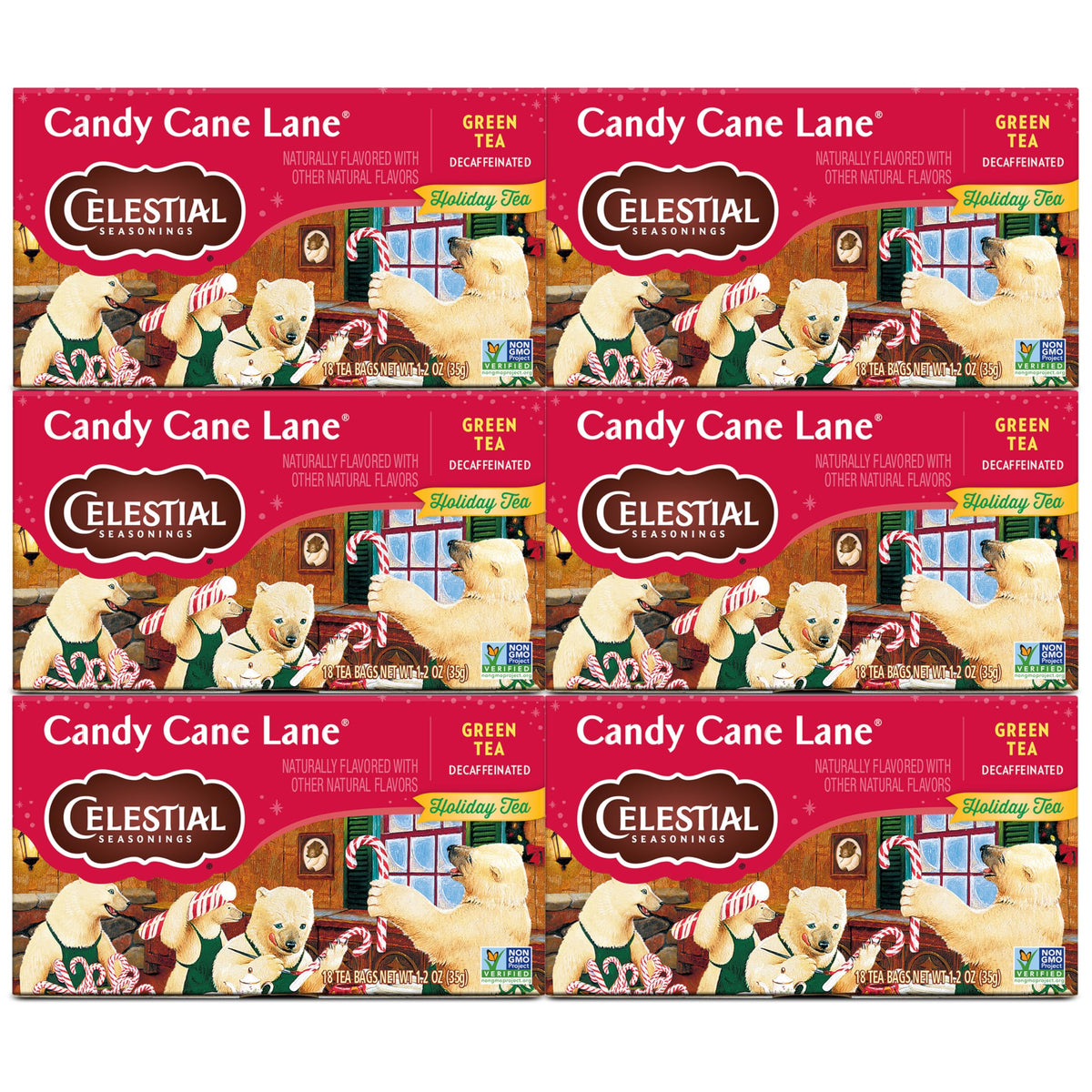 Celestial Seasonings green tea decaf Candy Cane Lane box shown for a caffeine-free unwind.