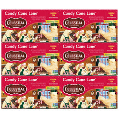 Celestial Seasonings green tea decaf Candy Cane Lane box shown for a caffeine-free unwind.