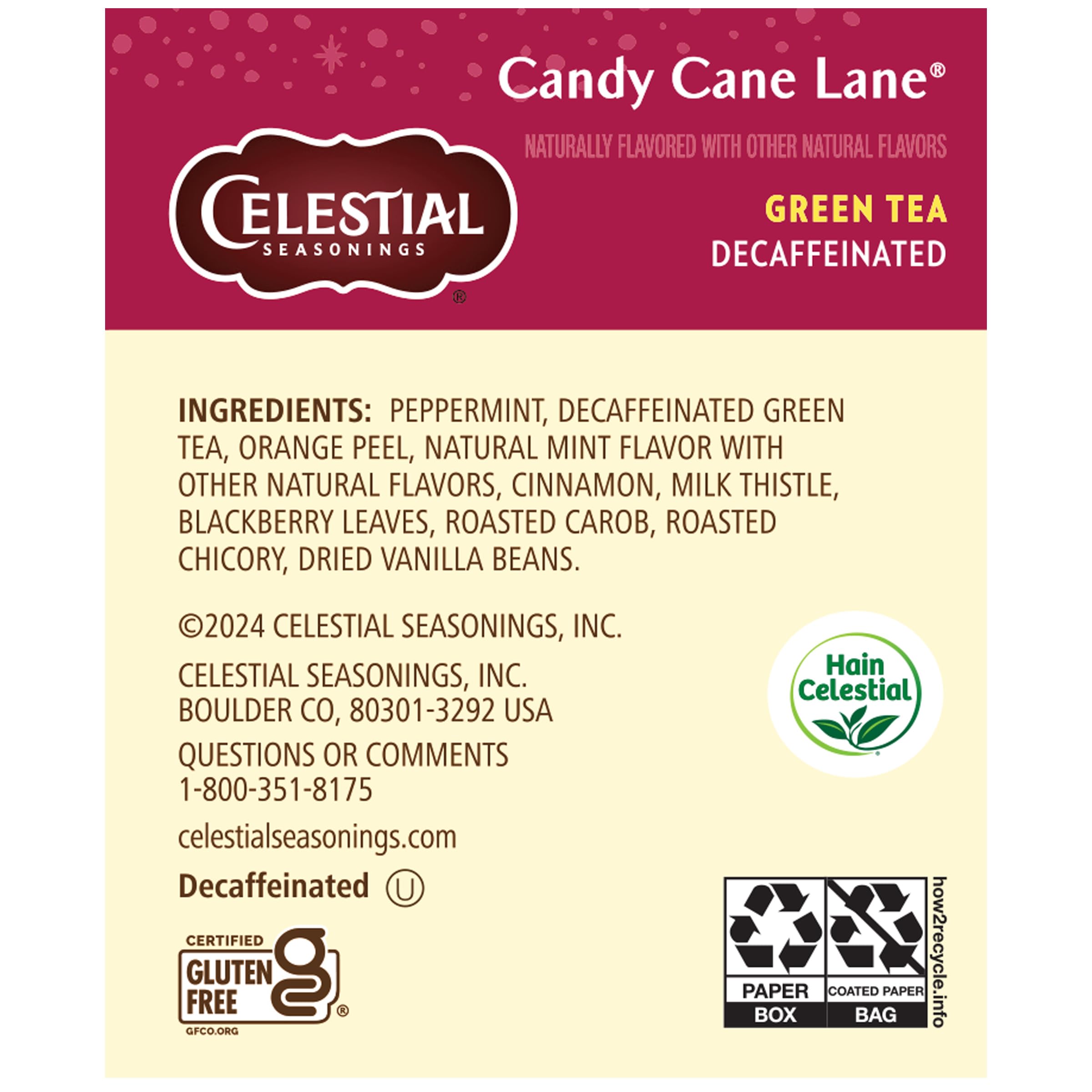 Celestial Seasonings decaf green tea Candy Cane Lane cup ready for a soothing evening.
