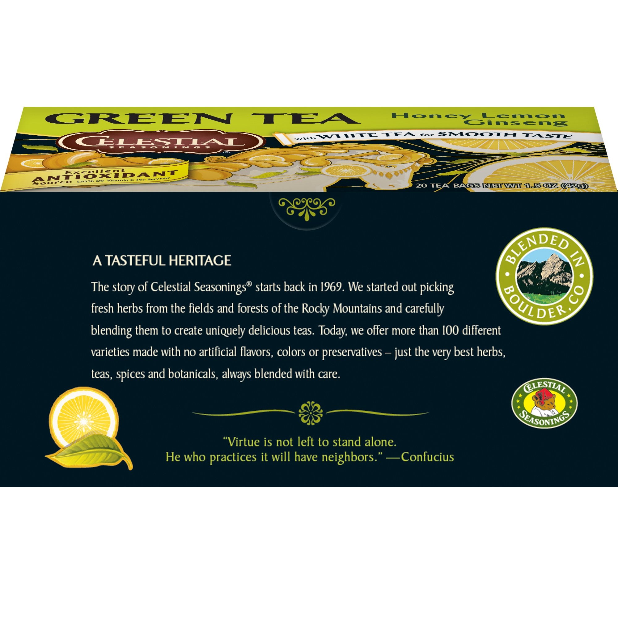 Front of Celestial Seasonings box showing 20-count tea bags and gluten-free option