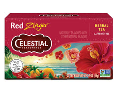 Celestial Seasonings Hibiscus Tea bags in a cup, refreshing and caffeine-free