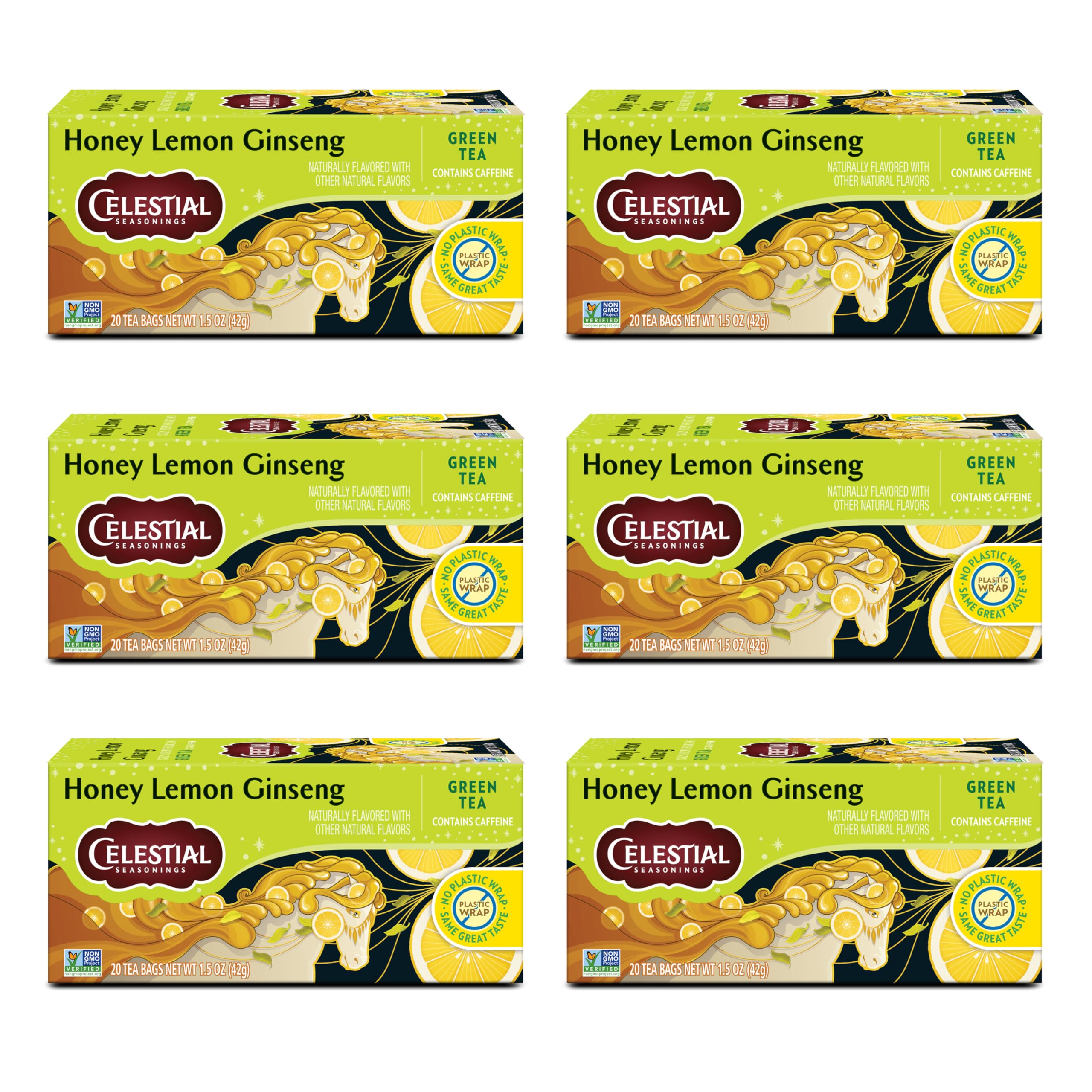 Celestial Seasonings Honey Lemon Ginseng Green Tea box with 20 tea bags for daily refreshment.