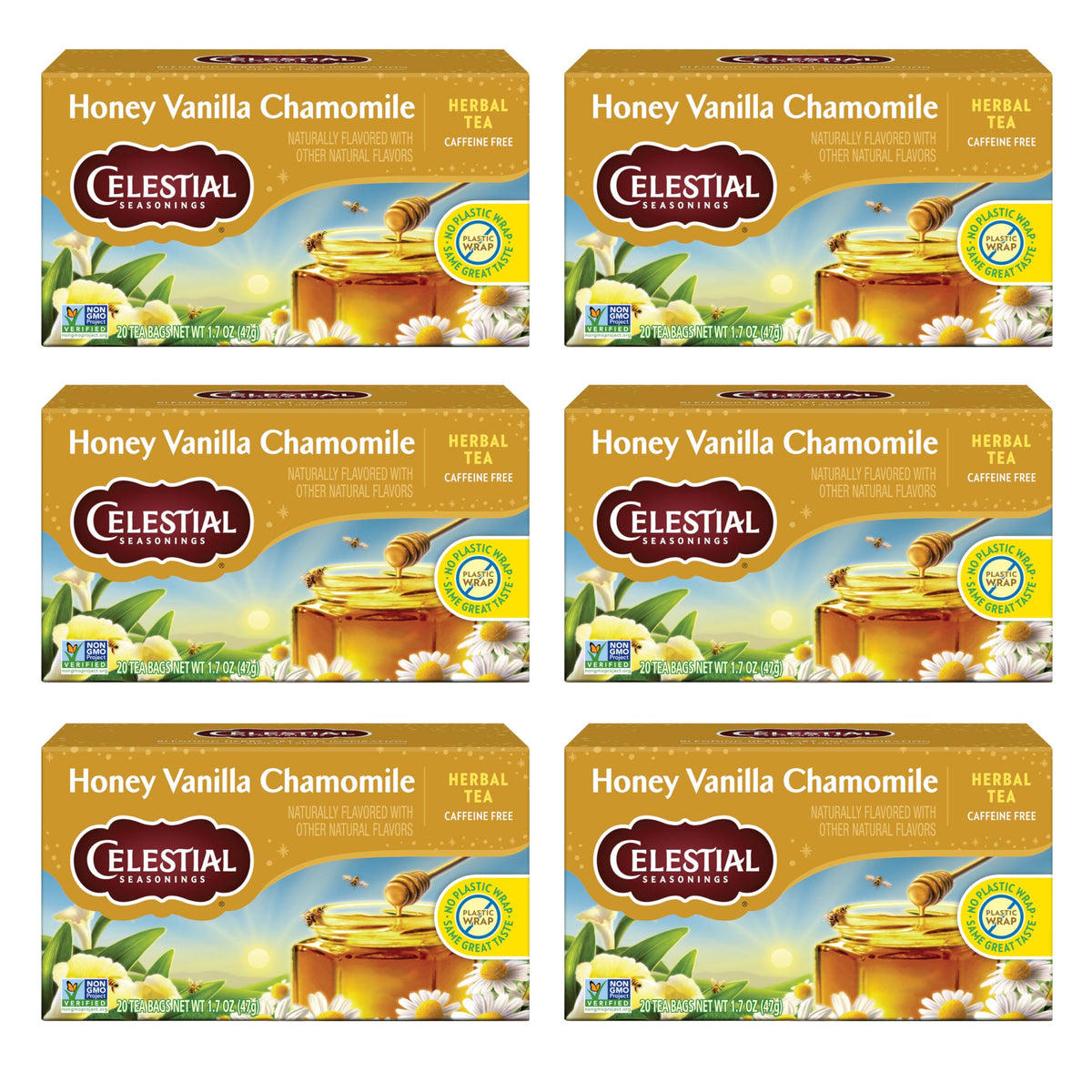 Celestial Seasonings Honey Vanilla Chamomile tea bags ready to brew a soothing evening cup