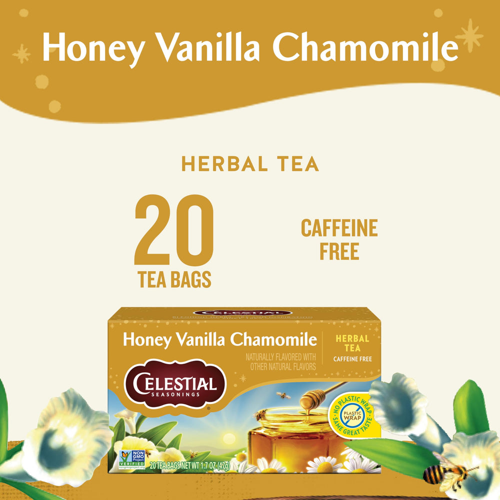 Celestial Seasonings Honey Vanilla Chamomile tea steeping in a mug for relaxation