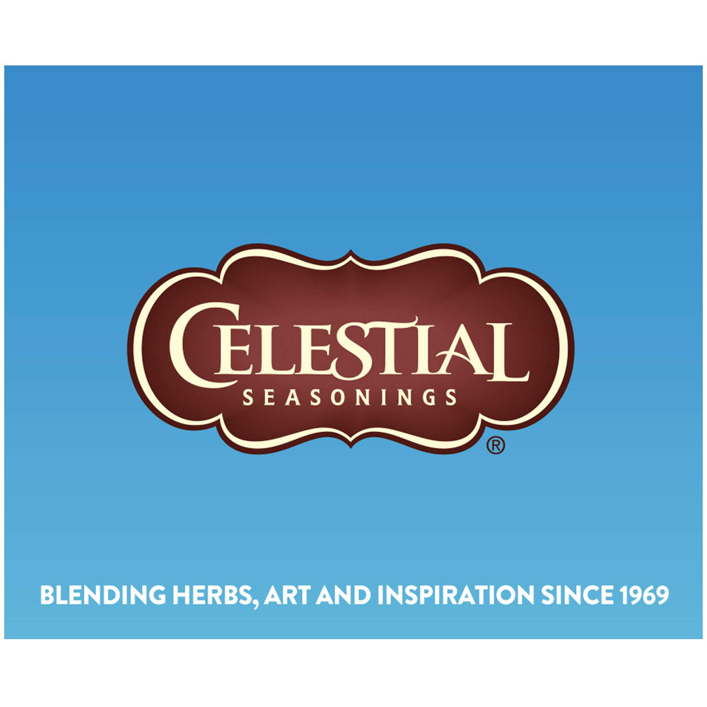 Celestial Seasonings iced tea in a glass with ice and fruit hints.