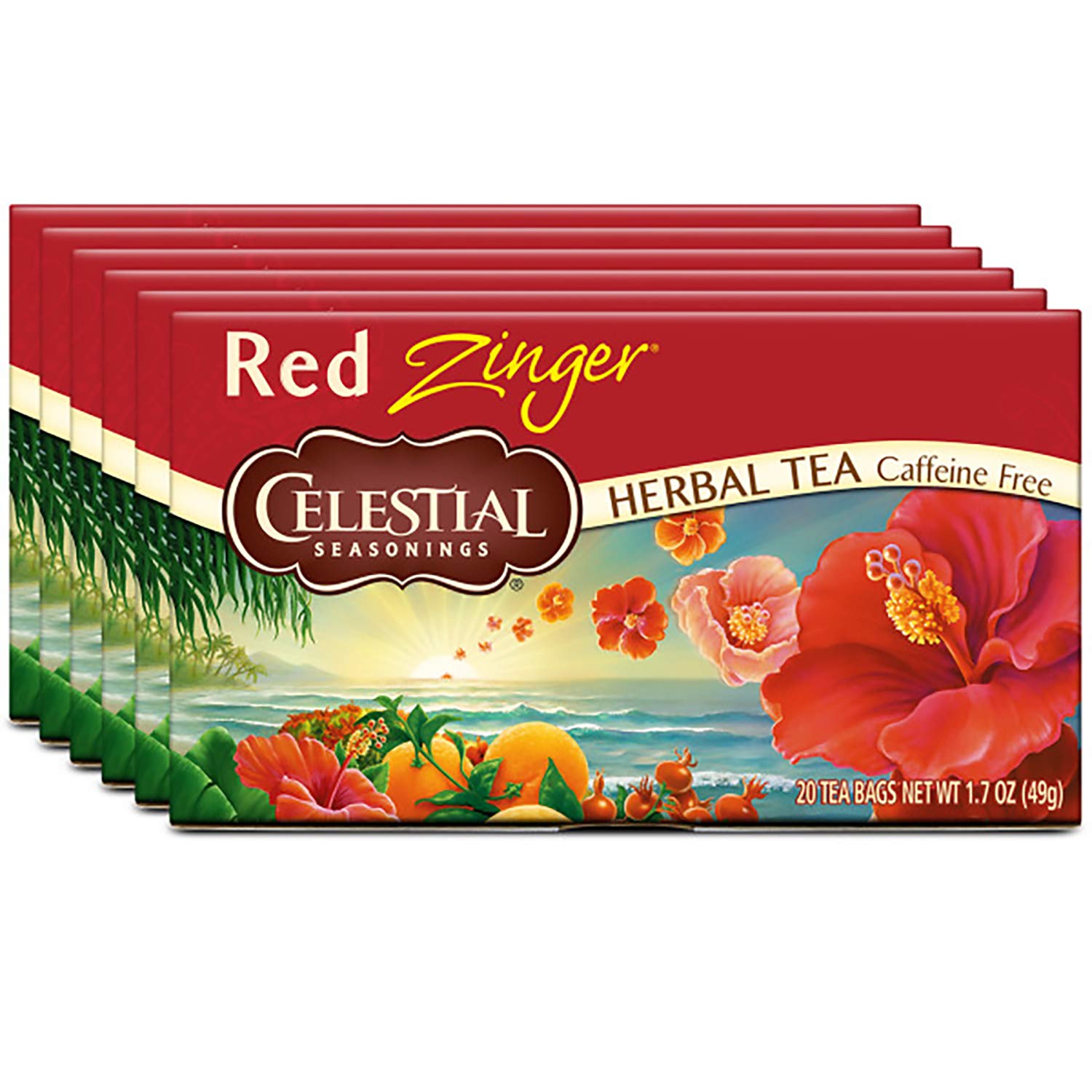 Celestial Seasonings hibiscus tea poured over ice for refreshing cooling.