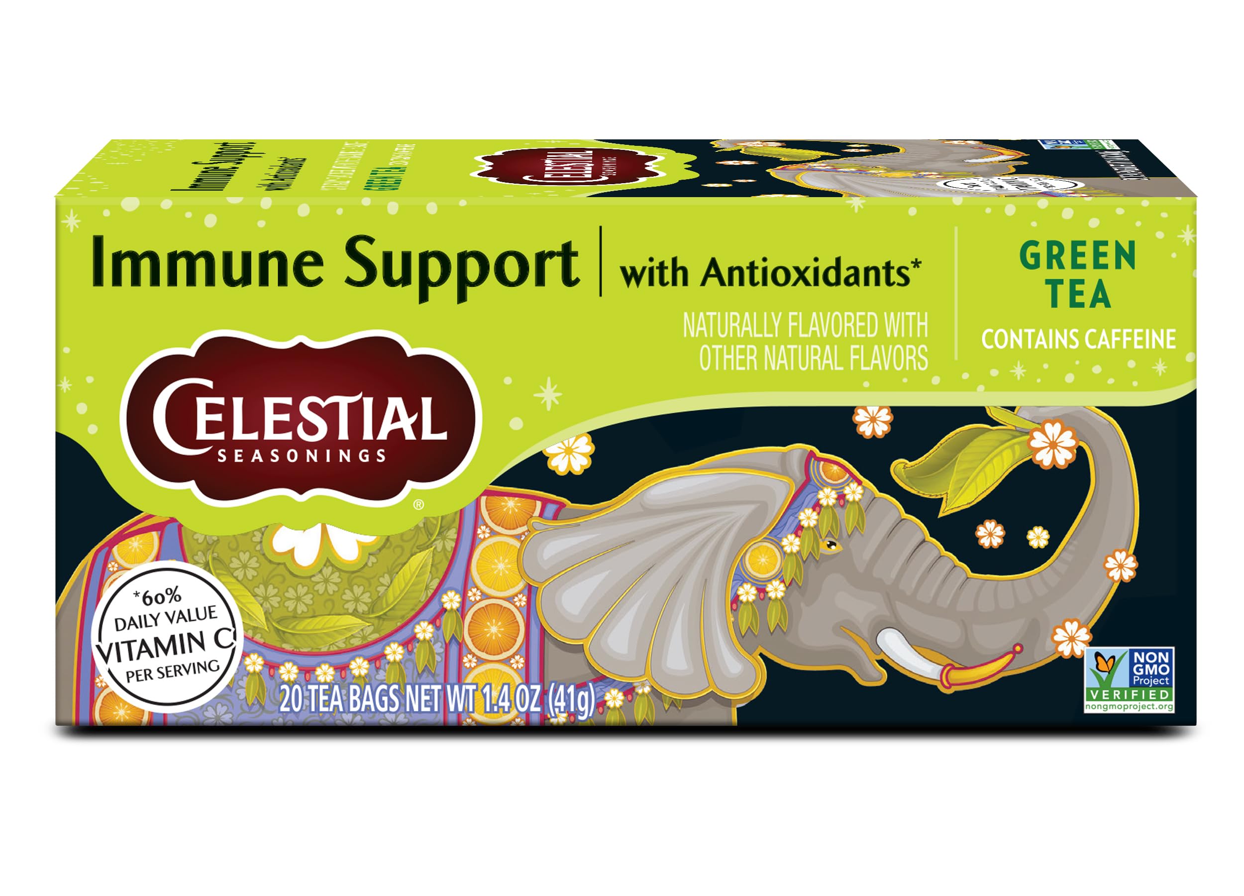 Celestial Seasonings Immune Support Green Tea box front with citrus flavor note.