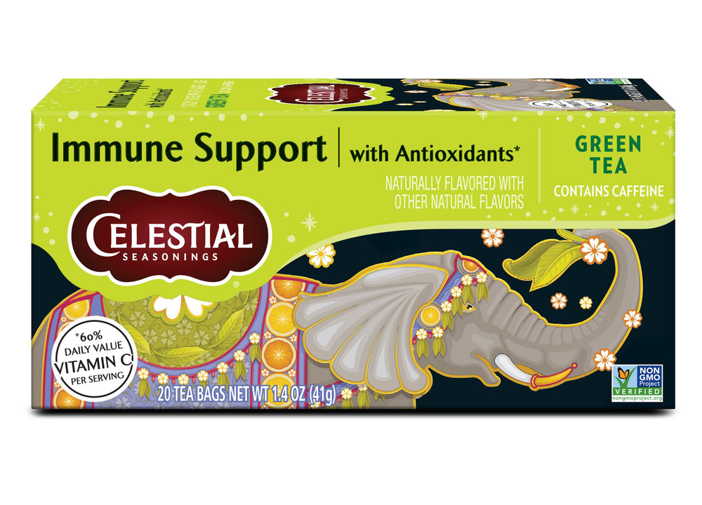 Celestial Seasonings Immune Support Green Tea box front with citrus flavor note.