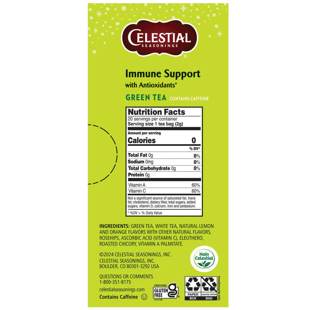 Celestial Seasonings Immune Support Green Tea cup steaming with bright aroma.