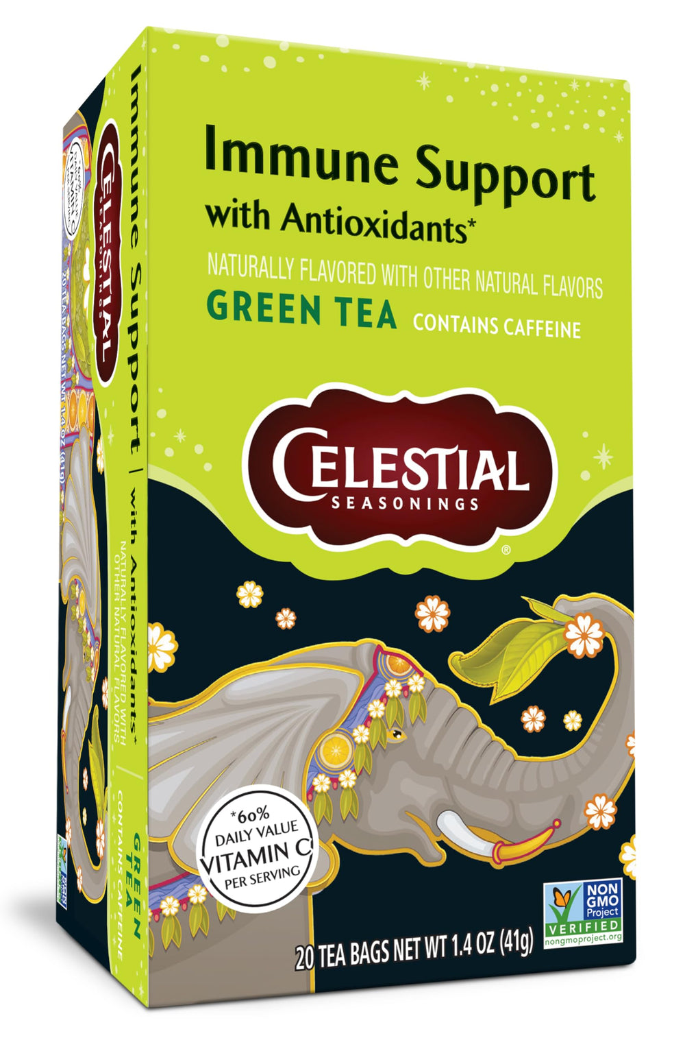 Celestial Seasonings Immune Support Green Tea nutrition panel showing vitamin DV values.