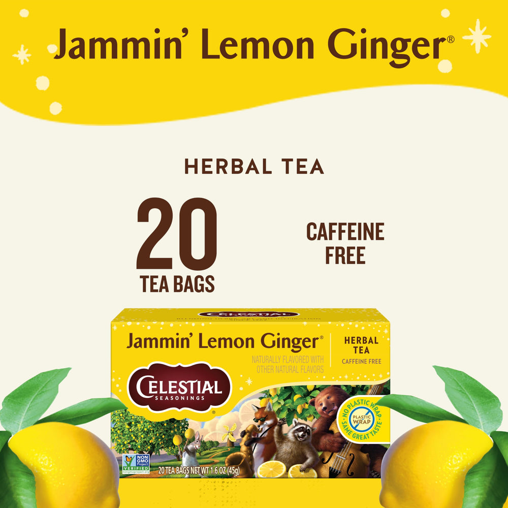 Box of Jammin' Lemon Ginger Tea from Celestial Seasonings in a six-pack