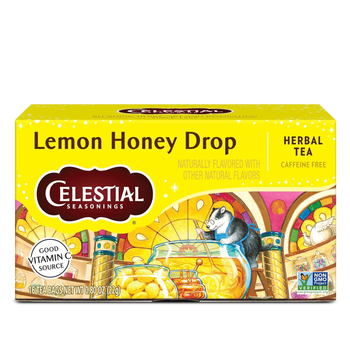 Celestial Seasonings Lemon Honey Drop tea bags beside a lemon slice for a refreshing, caffeine-free moment.