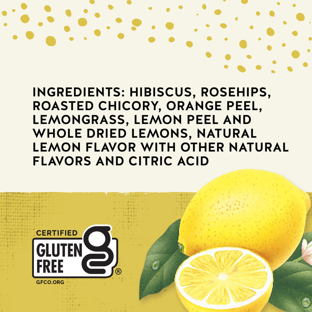 Box of Celestial Seasonings Lemon Zinger packaging emphasizes recyclable materials.