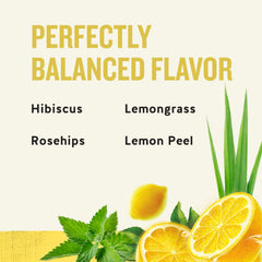 Hot cup of Lemon Zinger ready to enjoy with bold citrus notes and ruby color.