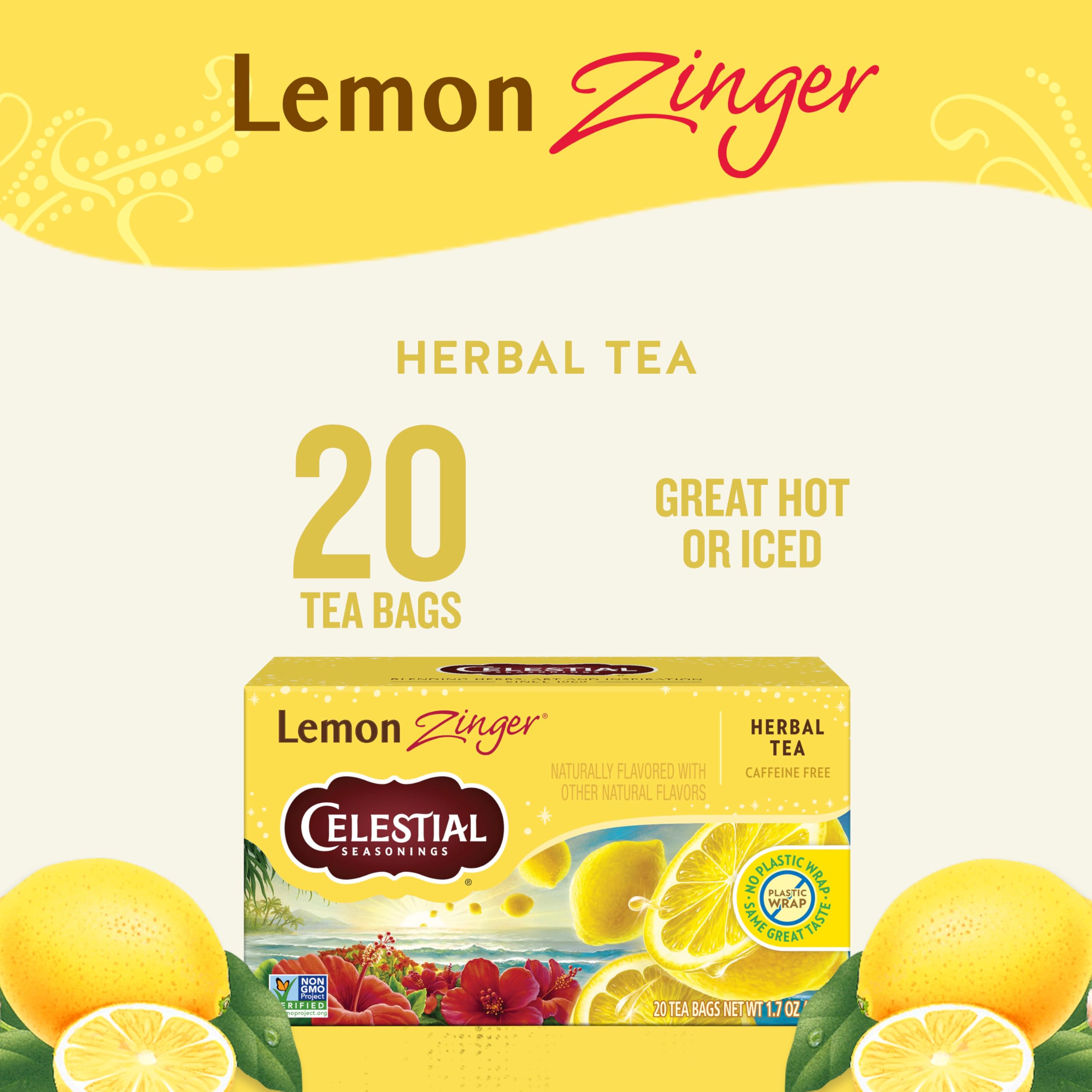 Close-up of lemon zest and hibiscus in Celestial Seasonings Lemon Zinger for a bright herbal infusion.