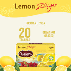 Close-up of lemon zest and hibiscus in Celestial Seasonings Lemon Zinger for a bright herbal infusion.