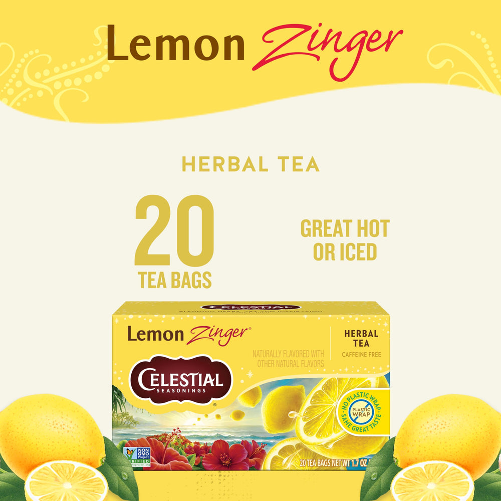 Celestial Seasonings Lemon Zinger tea bag closeup shows bright citrus notes