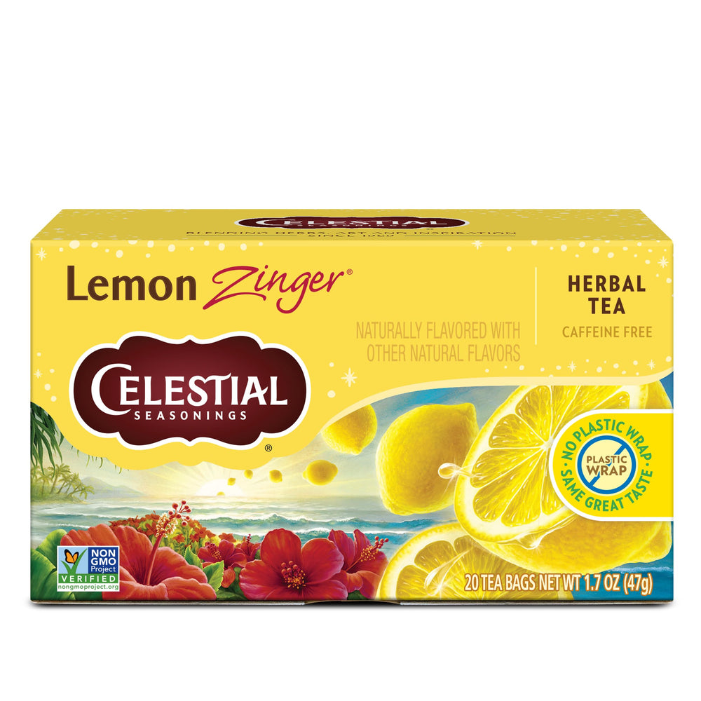 Celestial Seasonings Lemon Zinger tea bags show tangy lemon and hibiscus for a refreshing caffeine-free break.