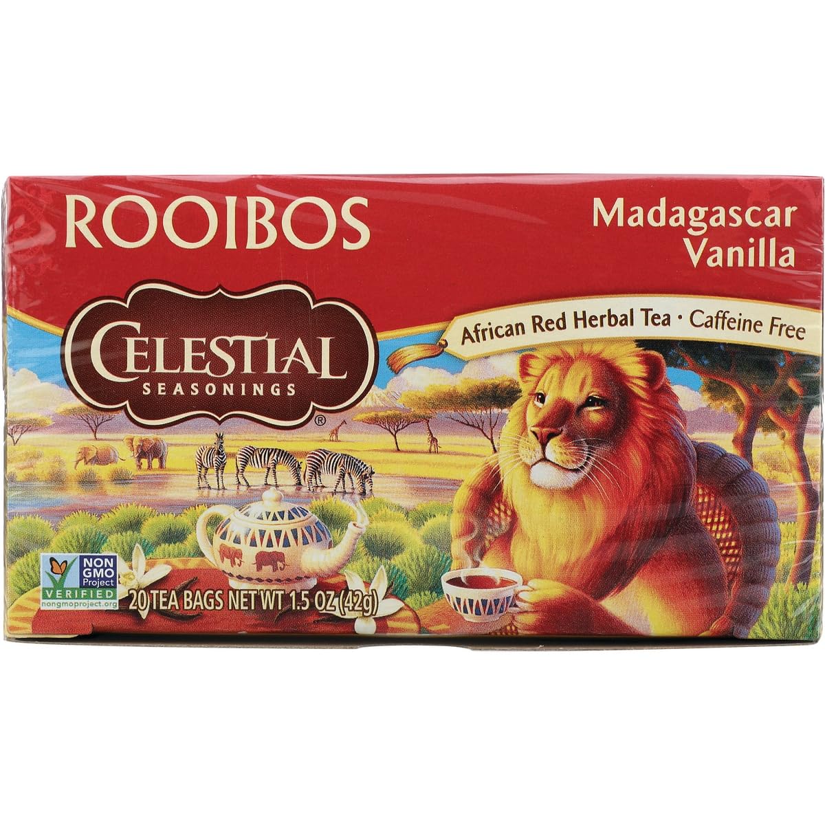 Celestial Seasonings Madagascar Vanilla Red Tea bags pack; perfect daily ritual for comforting aroma.