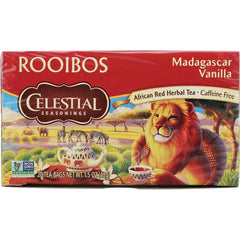 Celestial Seasonings Madagascar Vanilla Red Tea bags pack; perfect daily ritual for comforting aroma.