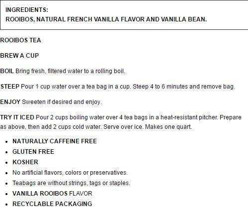 Celestial Seasonings Madagascar Vanilla Red Tea cup-steeped; soothing vanilla aroma for cozy moments.