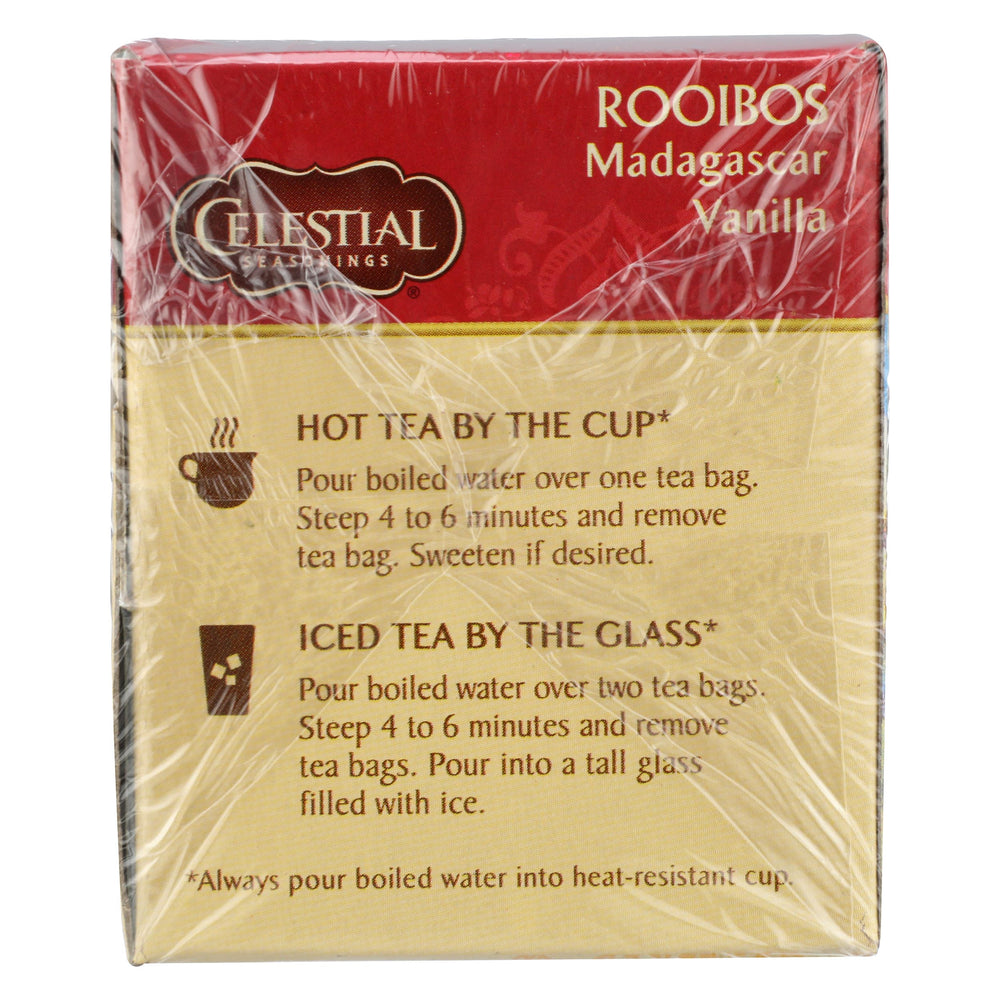 Celestial Seasonings Madagascar Vanilla Rooibos hot or iced tea for versatile enjoyment.