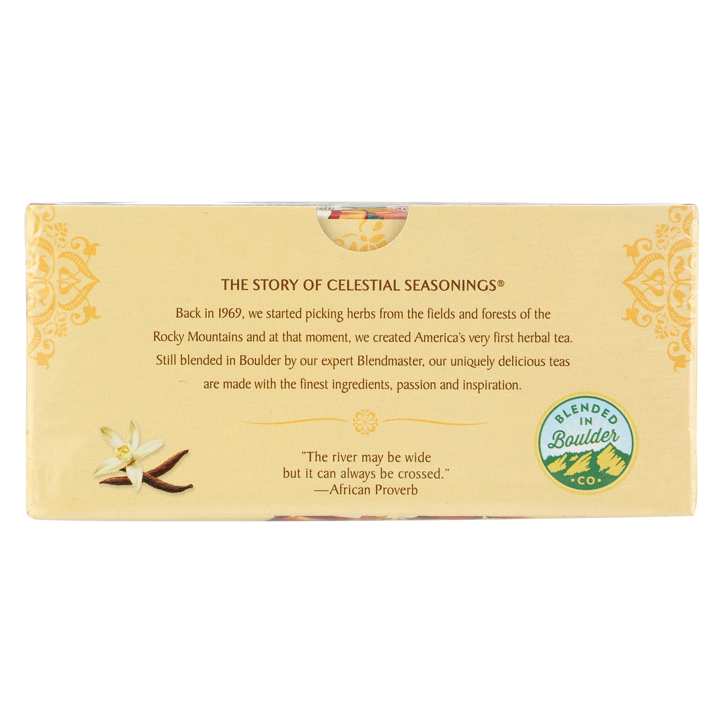 Packaging of Celestial Seasonings Madagascar Vanilla Rooibos highlights compact design.