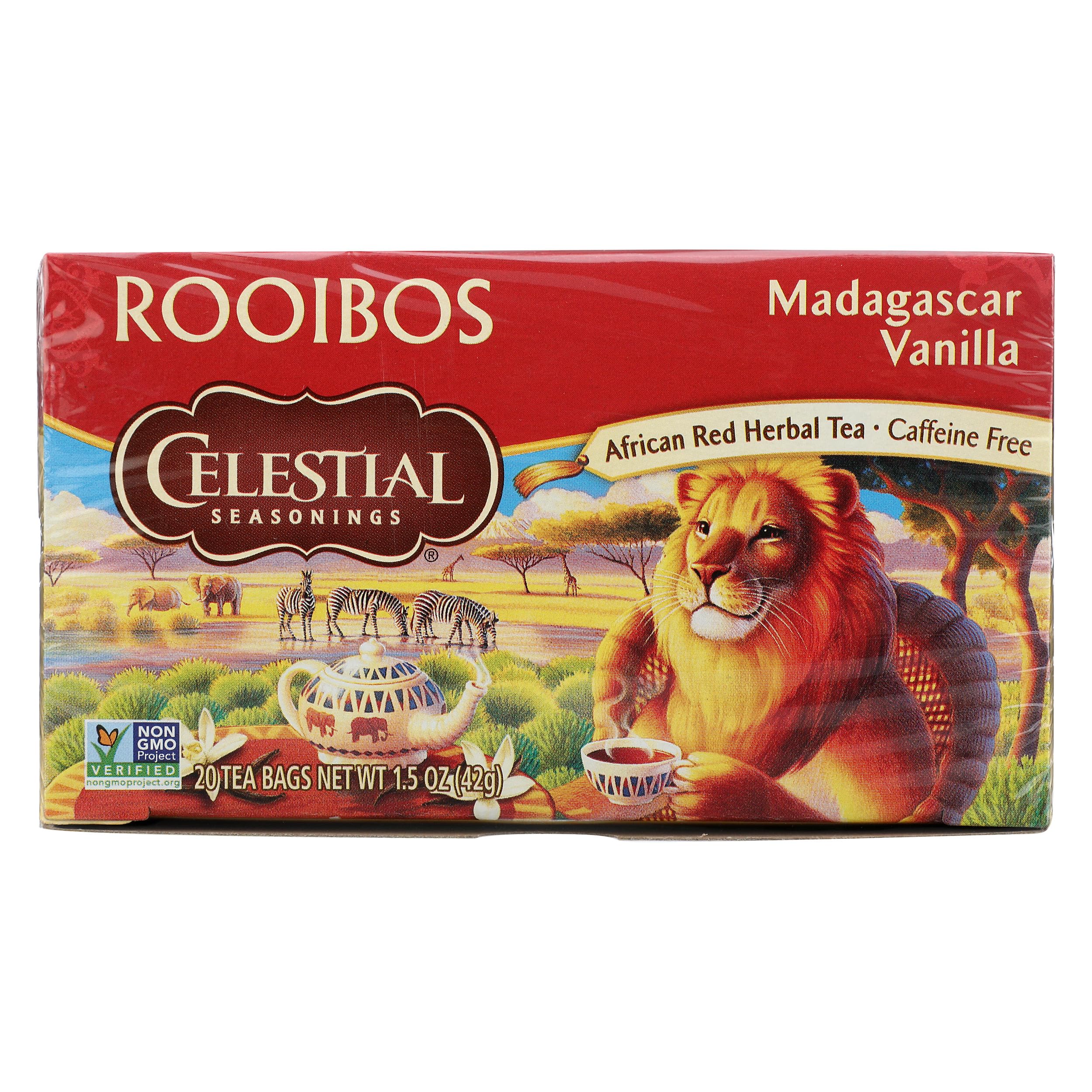 Celestial Seasonings Madagascar Vanilla Rooibos tea box showing premium caffeine-free herbal blend.