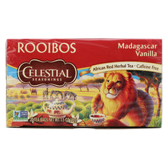 Celestial Seasonings Madagascar Vanilla Rooibos tea box showing premium caffeine-free herbal blend.
