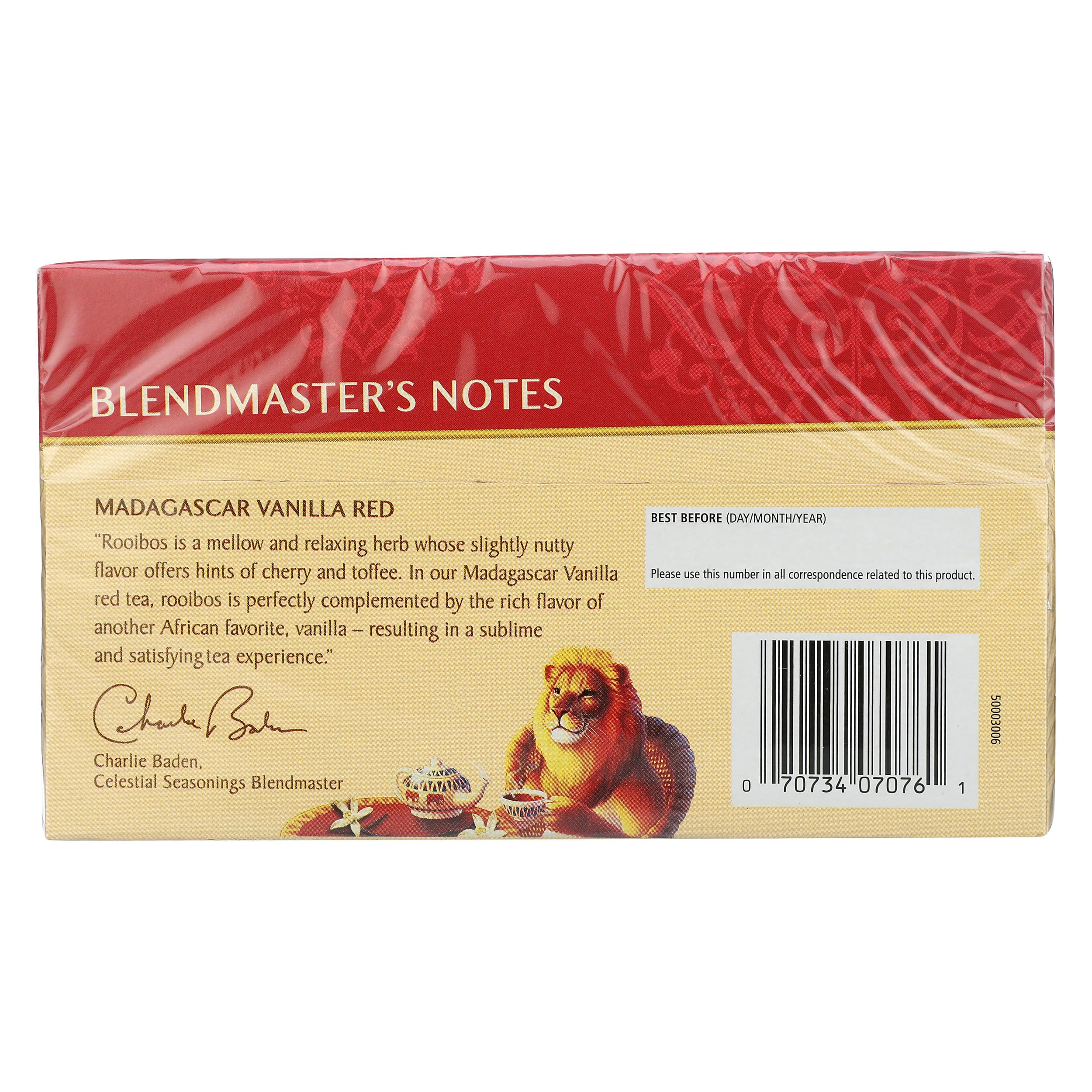 Cup of Celestial Seasonings Madagascar Vanilla Rooibos brew displaying warm amber color.