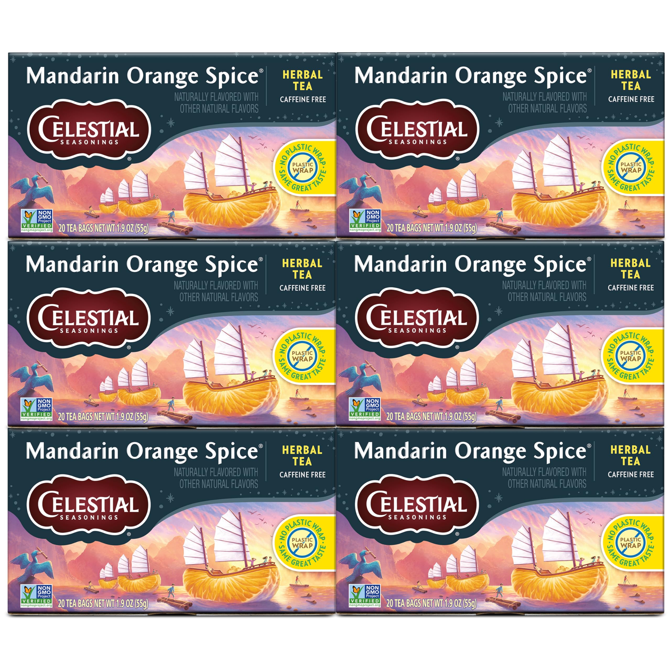 Celestial Seasonings Mandarin Orange Spice tea bags in a box, a caffeine-free herbal option for relaxing moments.