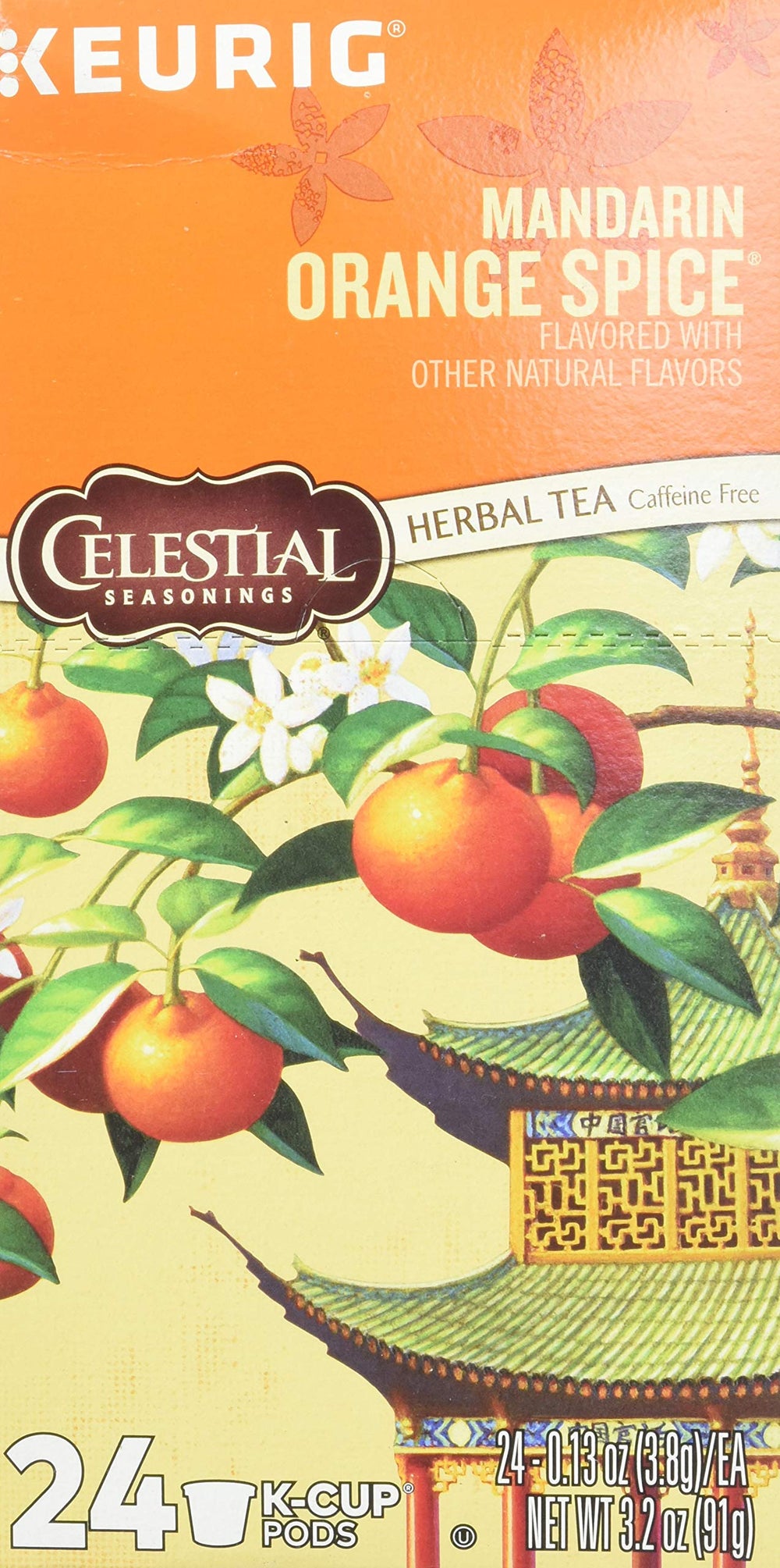 Herbal essence of Celestial Seasonings Mandarin Orange Spice tea in a soft display