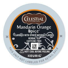 Celestial Seasonings Mandarin Orange Spice tea pack shot showing caffeine-free herbal brew option