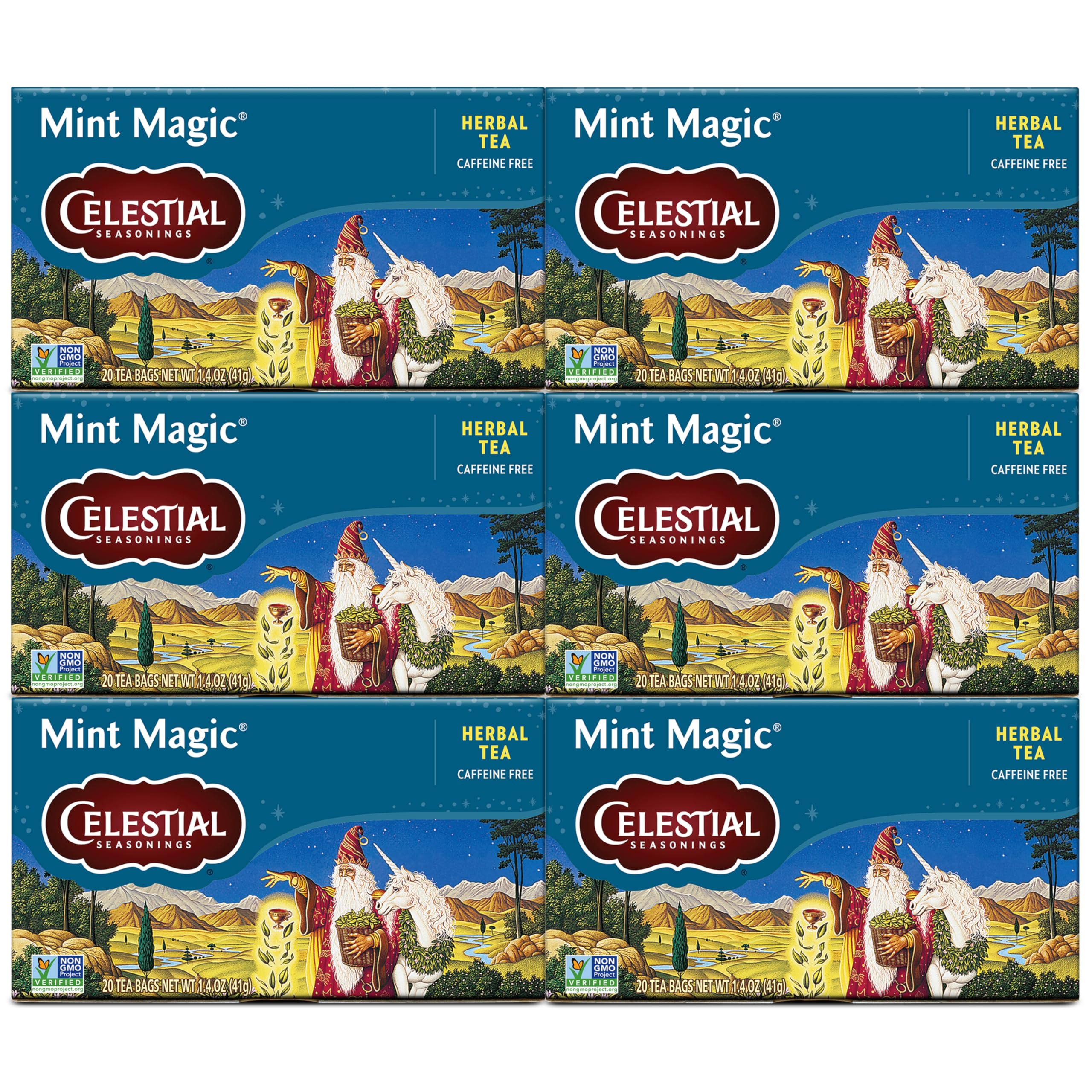 Celestial Seasonings Mint Magic tea bags ready for a caffeine-free refreshment.