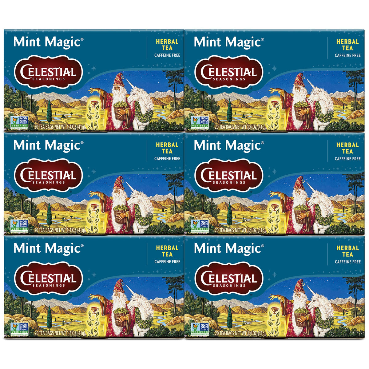 Celestial Seasonings Mint Magic tea bags ready for a caffeine-free refreshment.