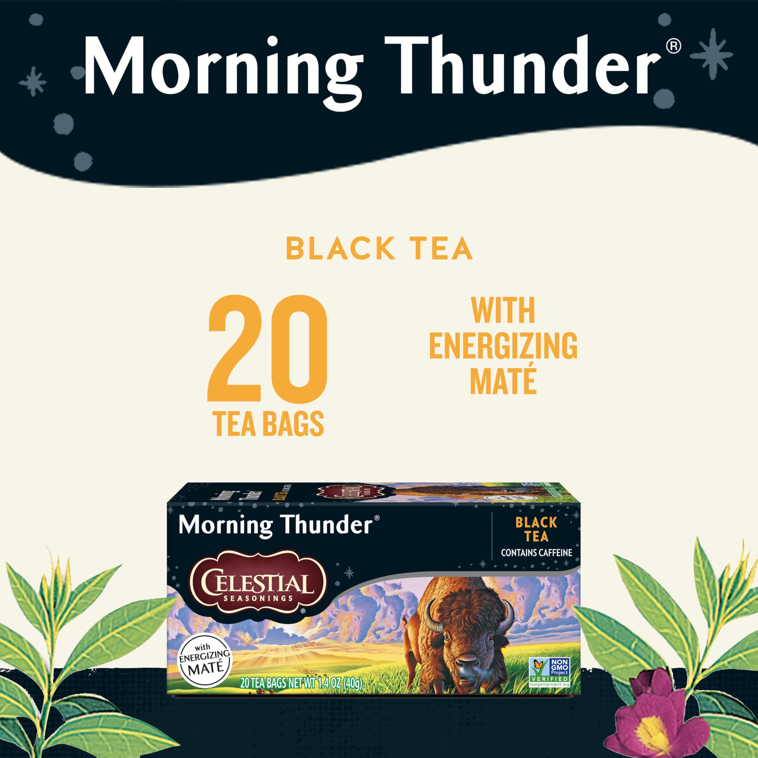 Celestial Seasonings Morning Thunder cup steaming, ideal for a morning energy lift.