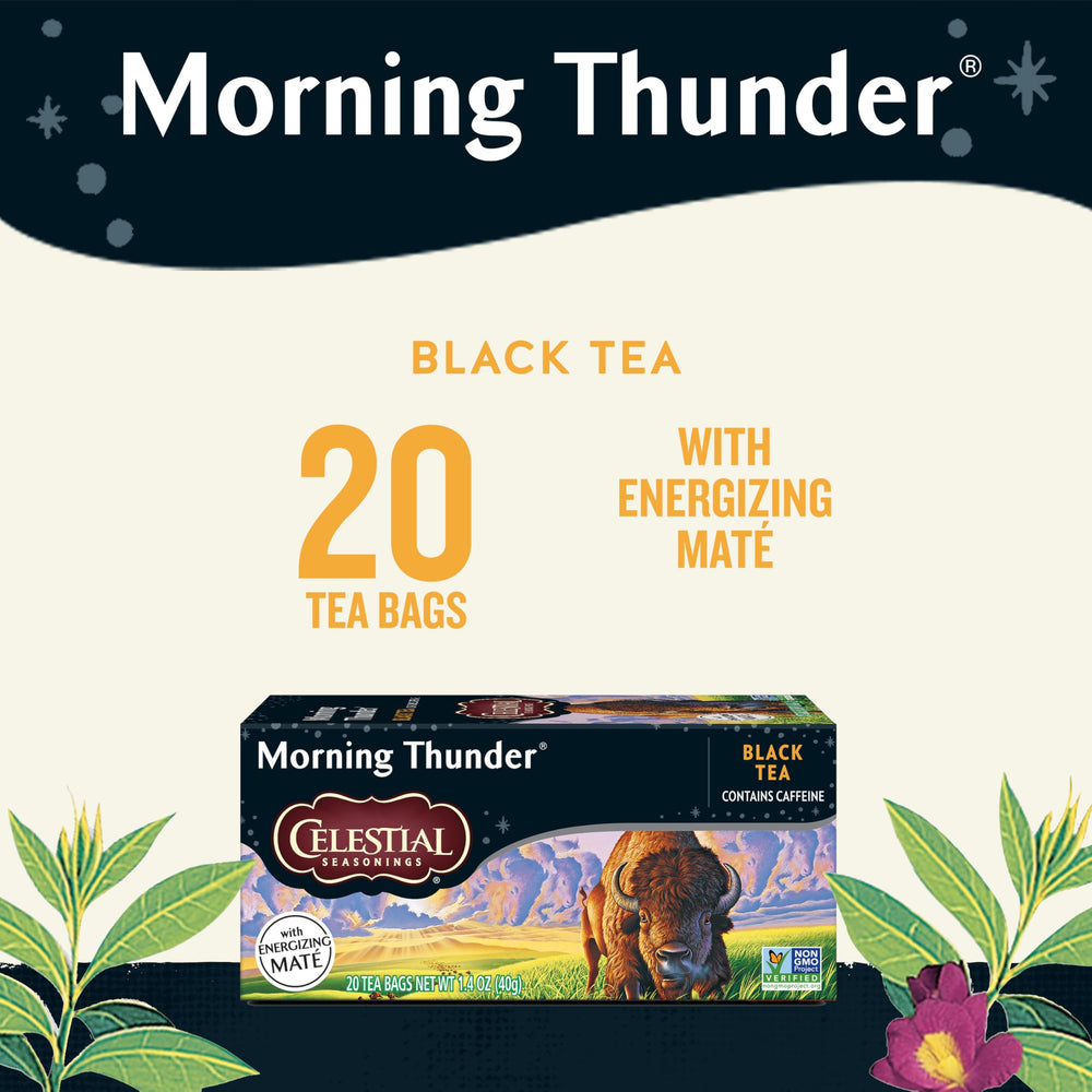 Celestial Seasonings Morning Thunder cup steaming, ideal for a morning energy lift.