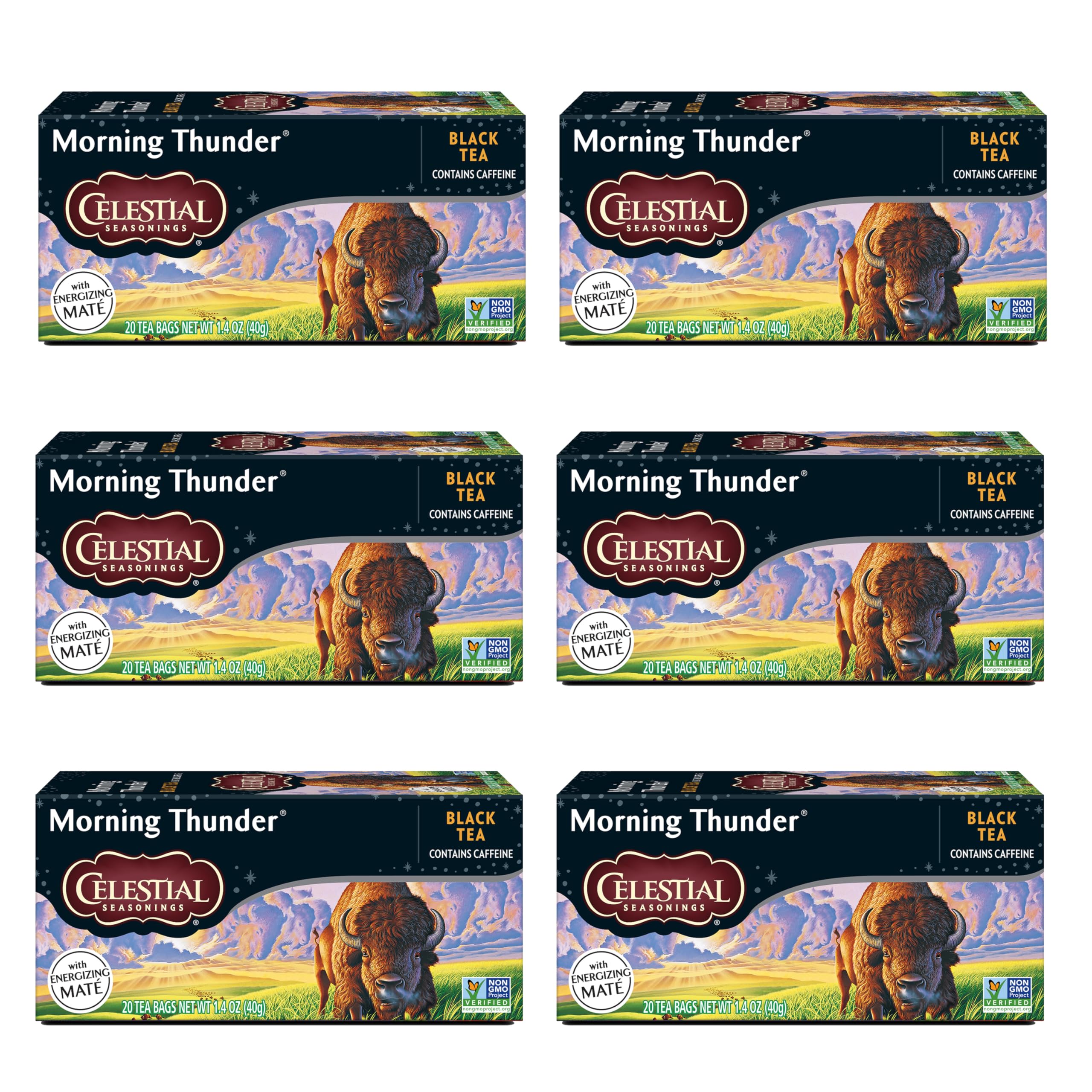 Celestial Seasonings Morning Thunder tea bags steeping for a caffeine boost.