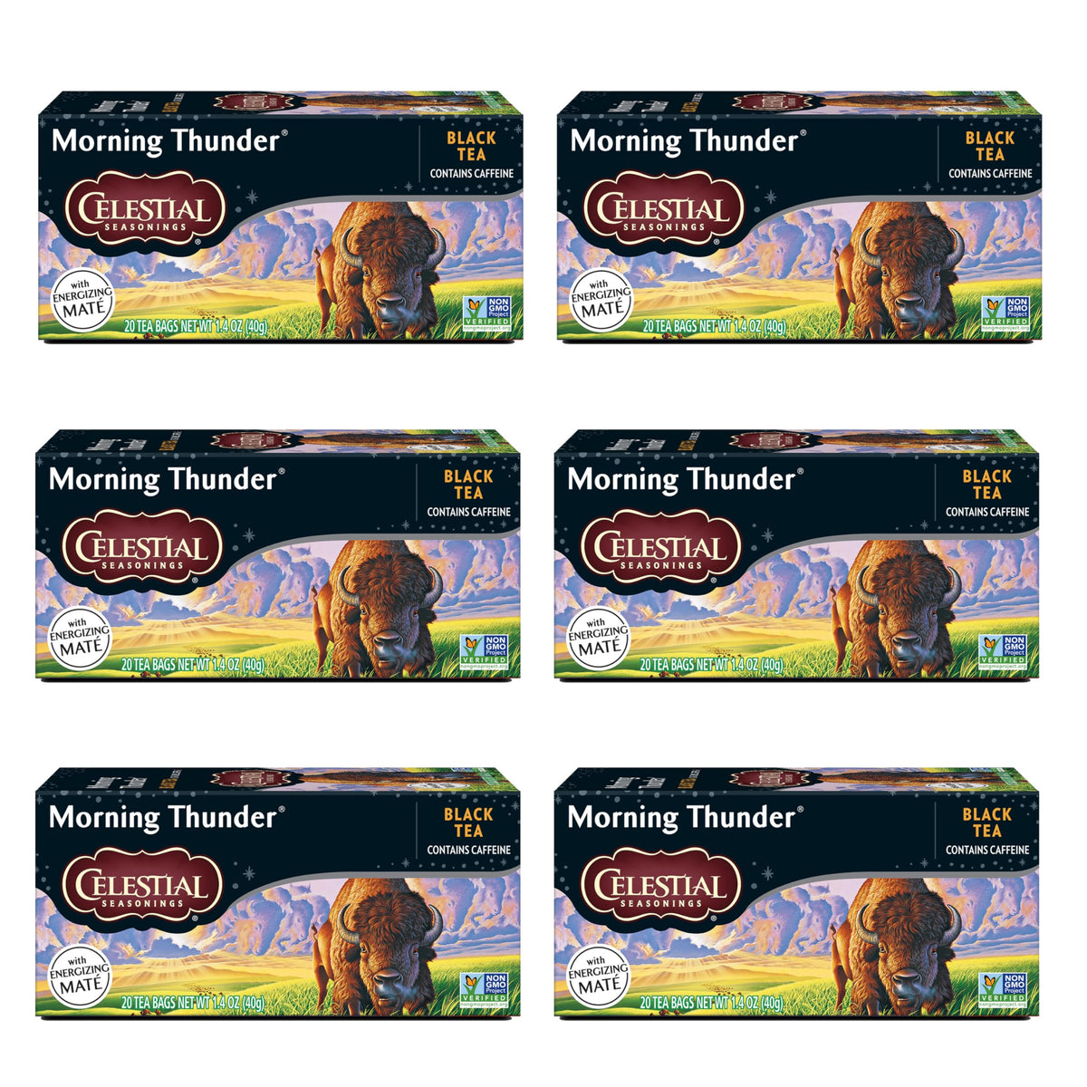 Celestial Seasonings Morning Thunder tea bags steeping for a caffeine boost.