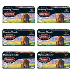 Celestial Seasonings Morning Thunder tea bags steeping for a caffeine boost.