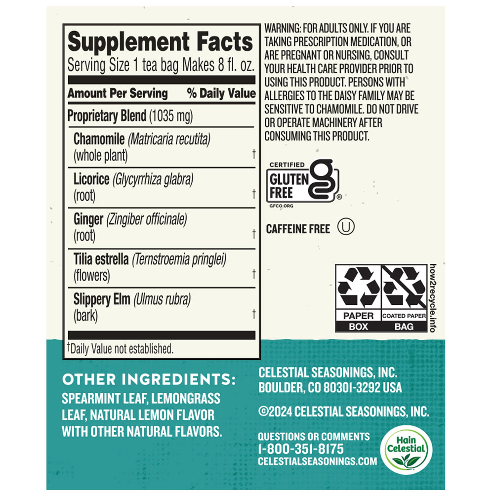Celestial Seasonings no artificial flavors or preservatives for a pure herbal experience.