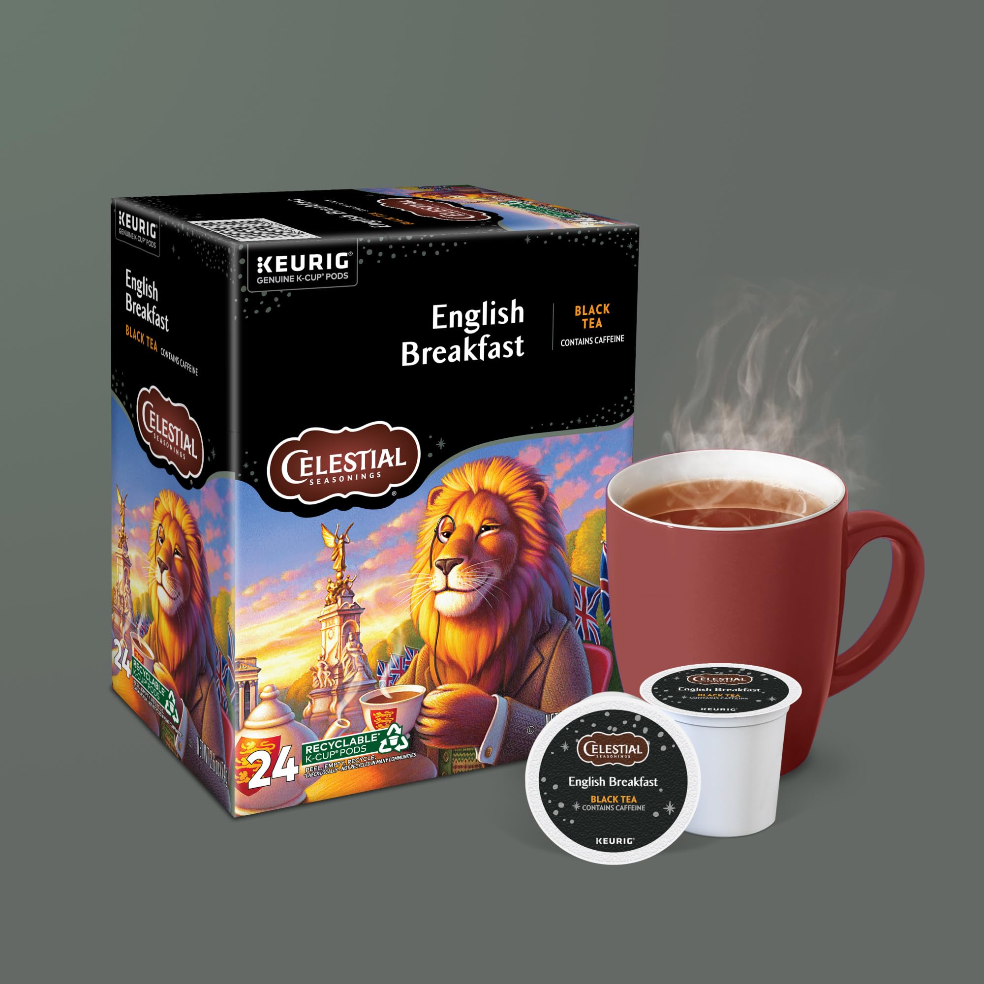 Orthodox Union Kosher seal on Celestial Seasonings English Breakfast packaging