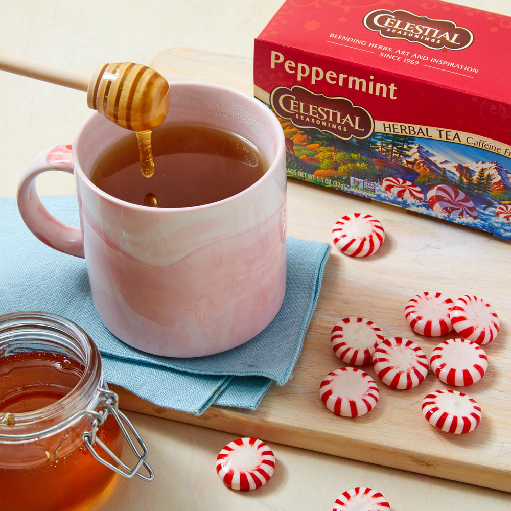 Celestial Seasonings Peppermint Tea bags ready to steep for soothing aroma
