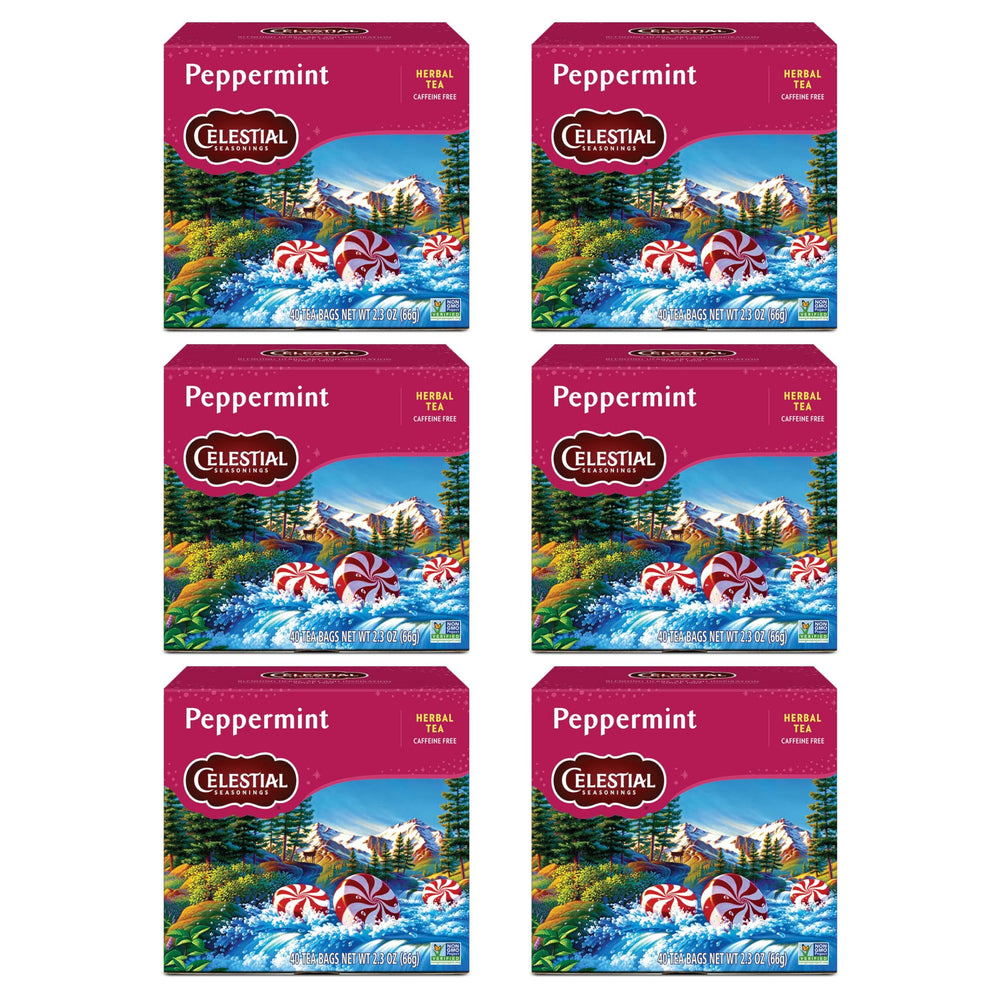 Celestial Seasonings Peppermint Tea box front showing six-pack for caffeine-free refreshment