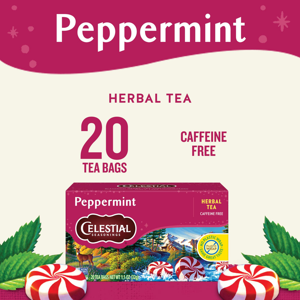 Celestial Seasonings Peppermint Tea cup shows a soothing, minty infusion ready to sip.