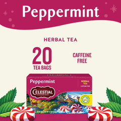Celestial Seasonings Peppermint Tea cup shows a soothing, minty infusion ready to sip.