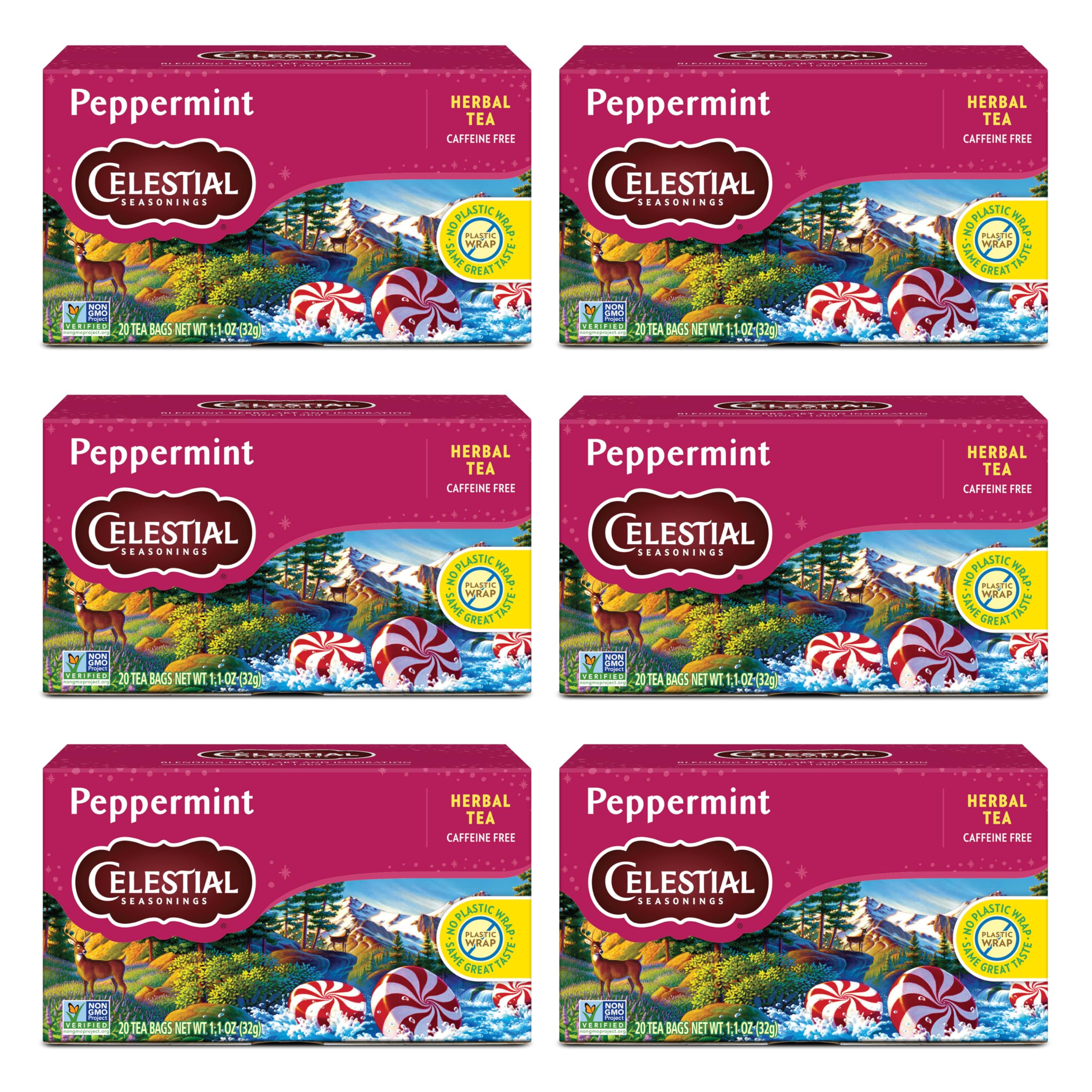Celestial Seasonings Peppermint Tea leaves provide a caffeine-free, refreshing aroma.