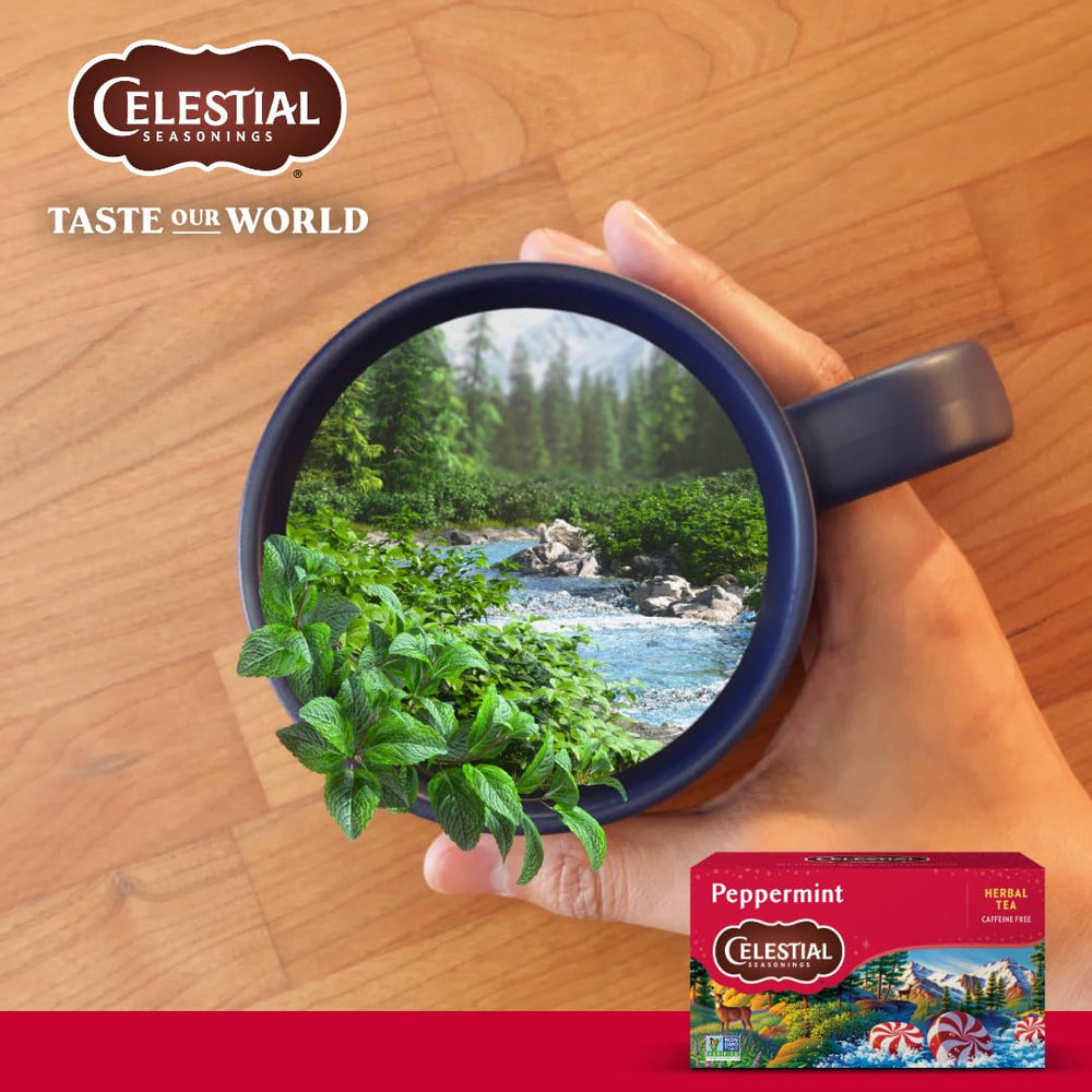 Celestial Seasonings Peppermint Tea box uses recycled paperboard for sustainable presentation.