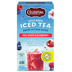 Celestial Seasonings red-white-blueberry tea bags for a caffeine-free brew.